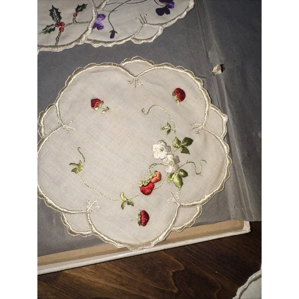 Vintage Society Silk Doilies Cocktail Rounds Hand Embroidered Set 6 Box New